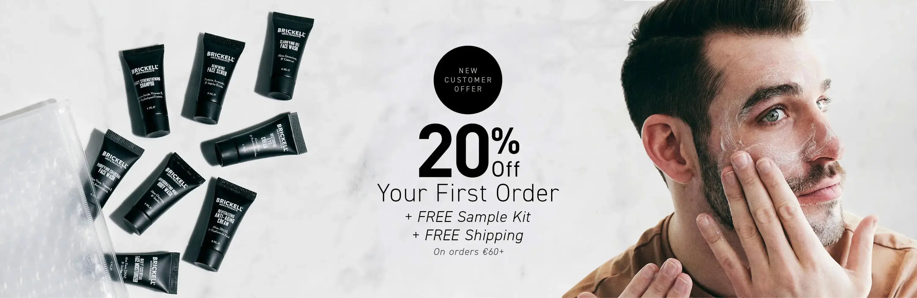 New Customer Offer: 20% off your first order + FREE Sample Kit + FREE Shipping on orders €60+. Button: Claim your 20% off.