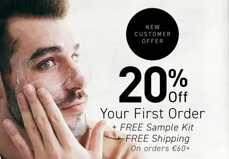 New Customer Offer: 20% off your first order + FREE Sample Kit + FREE Shipping on orders €60+. Button: Claim your 20% off.